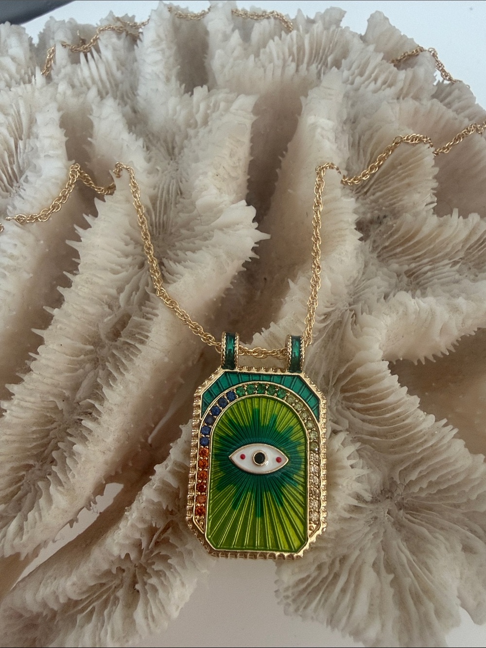 Gold Tone Green Evil Eye Pendant Necklace - Women/unisex Jewelry